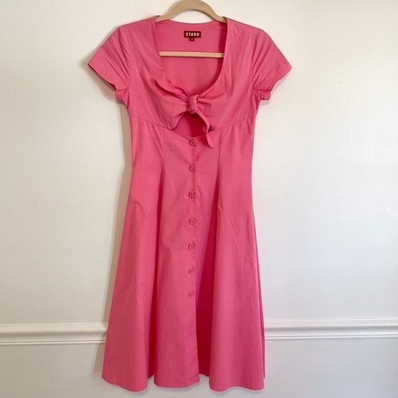 Staud Alice Pink Cotton Barbiecore Bow Midi Dress 0 - Picture 6 of 11